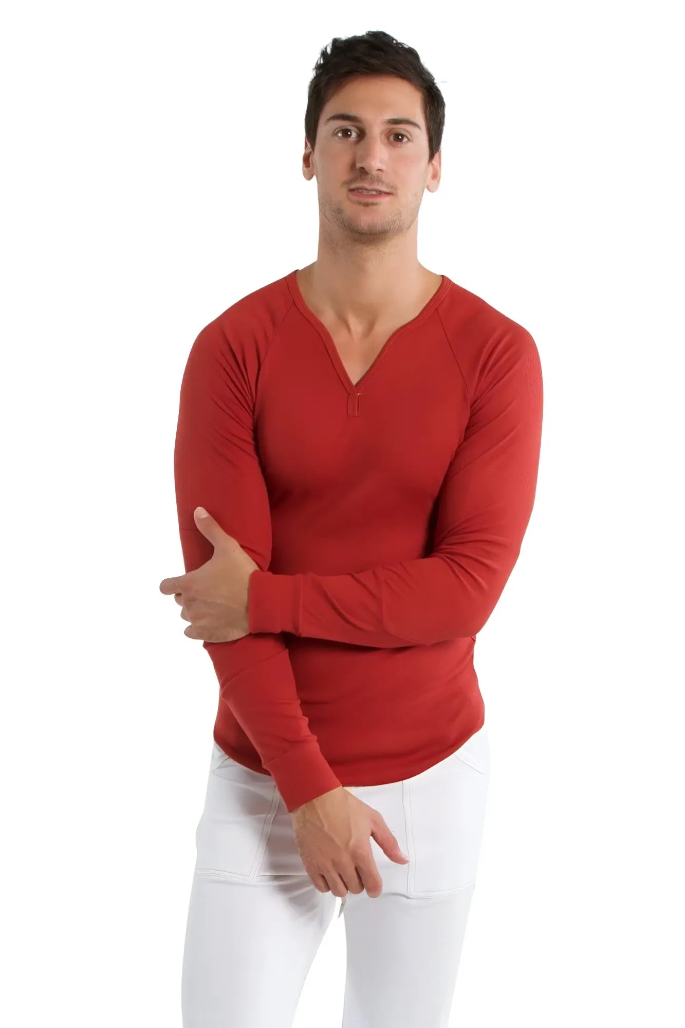 Red thermal v neck long sleeve shirt with fitted silhouette in cinnabar perfect for layering and warmth