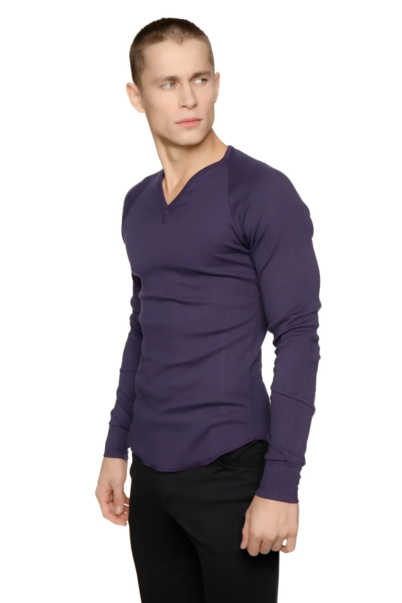 A sleek deep purple thermal v-neck long sleeve shirt with a fitted silhouette perfect for layering