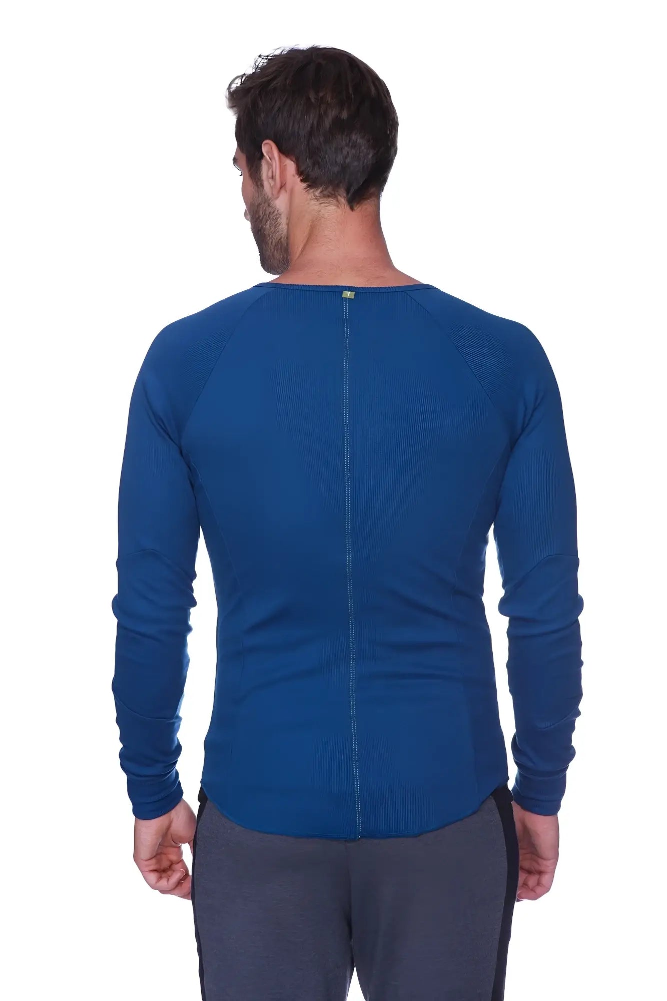 Thermal v-neck long sleeve royal blue athletic shirt with ribbed neckline and back zipper shown from the back side
