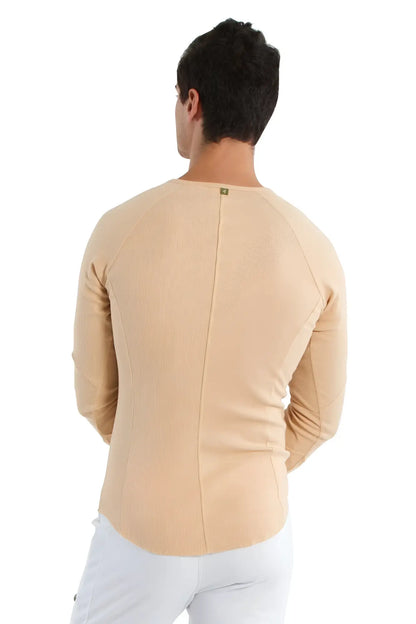 Beige thermal v neck long sleeve shirt with subtle ribbed texture and central seam on the back side