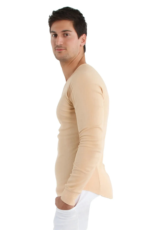 Beige thermal v neck long sleeve shirt with fitted tapered silhouette ideal for layering and casual wear