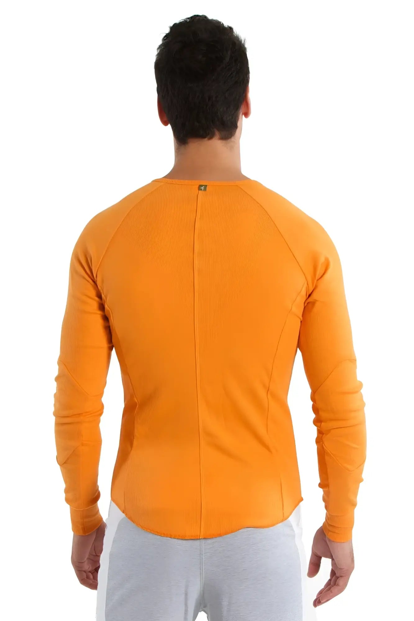 Orange thermal v-neck long sleeve athletic shirt with ribbed back panel and raglan sleeves shown from the back