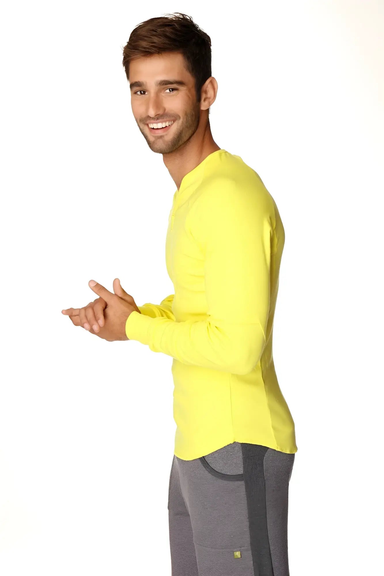 Bright yellow thermal v-neck long sleeve top with crew neck designed for warmth and comfort