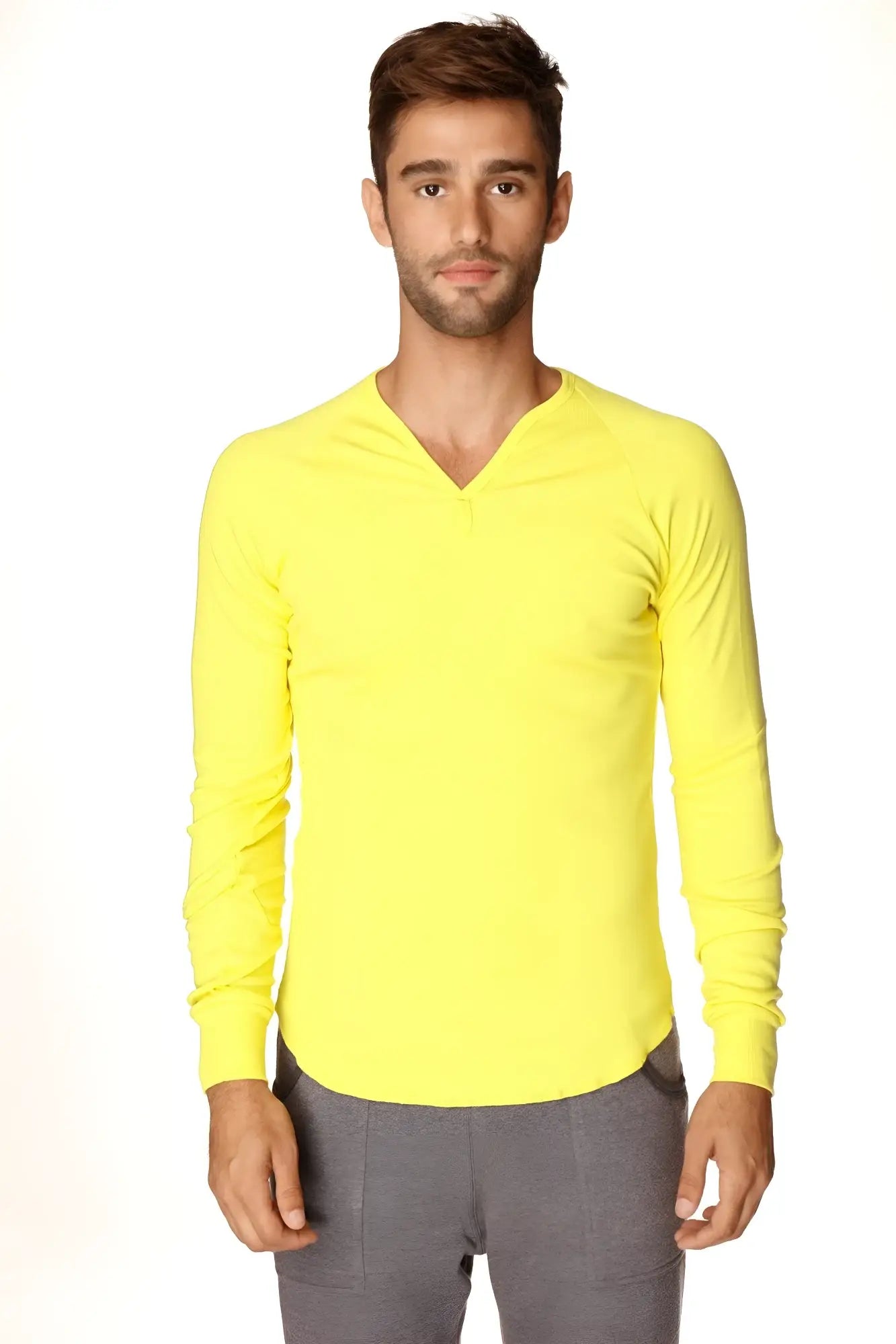 Bright yellow thermal v-neck long sleeve shirt made of warm fabric for cozy casual wear in tropic yellow