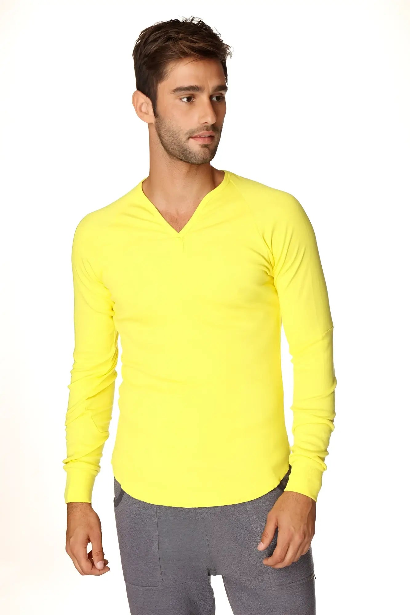 Bright yellow thermal v-neck long sleeve shirt with soft fabric for warm and comfortable wear in tropic yellow