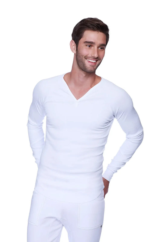 White long-sleeved v-neck thermal underwear set made of warm fabric for cold weather layering