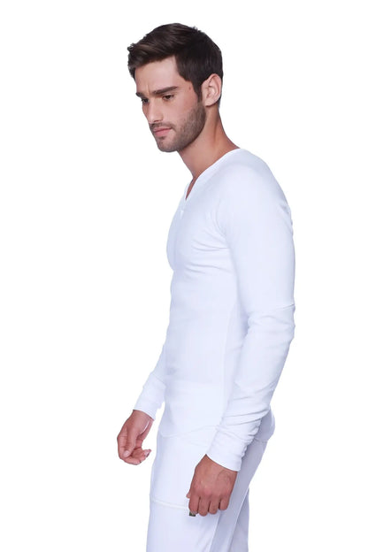White thermal v-neck long sleeve underwear set made of soft insulating fabric for warmth and comfort