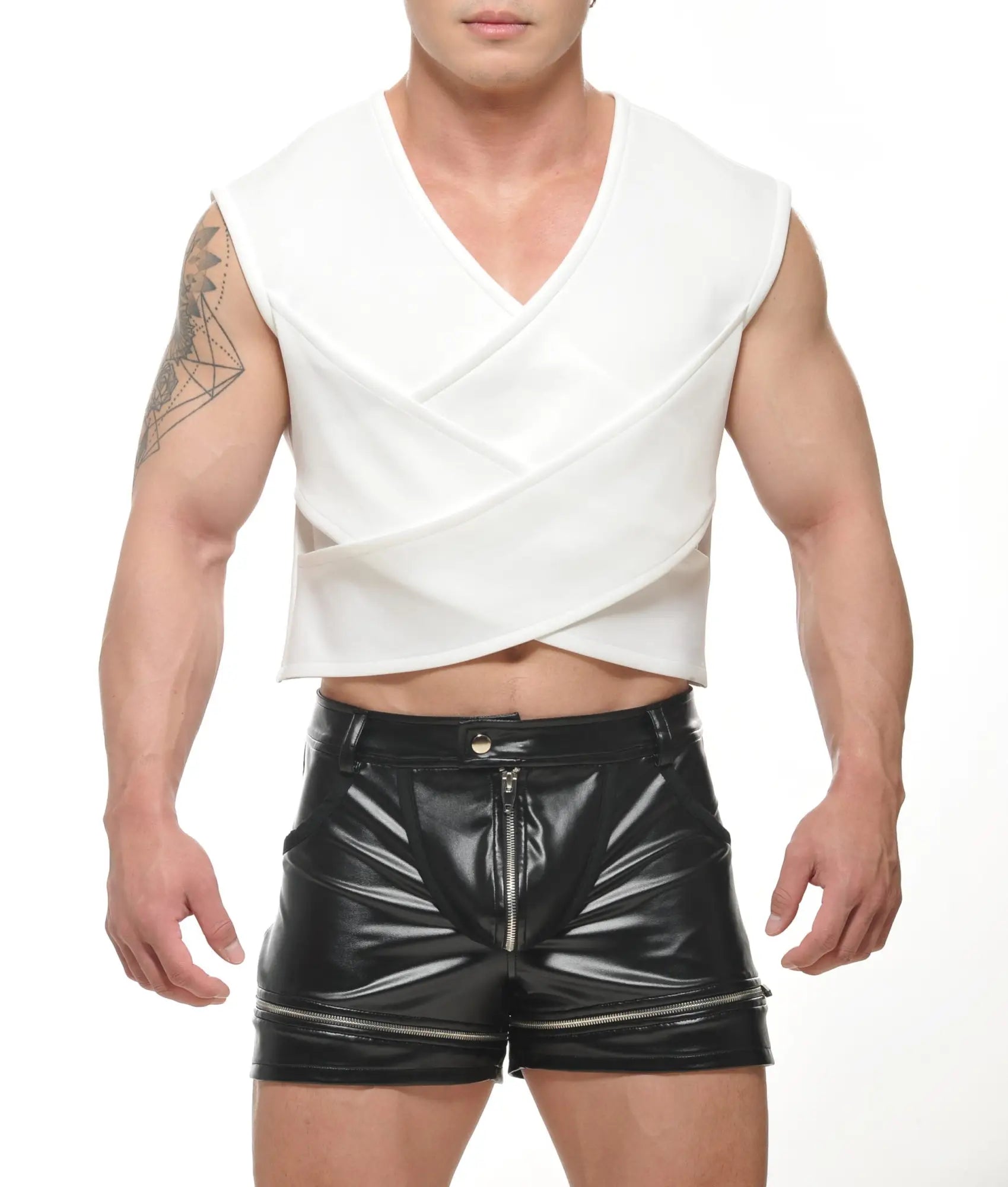 White sleeveless theta crop top with v-neck and crisscross front design ideal for casual summer wear