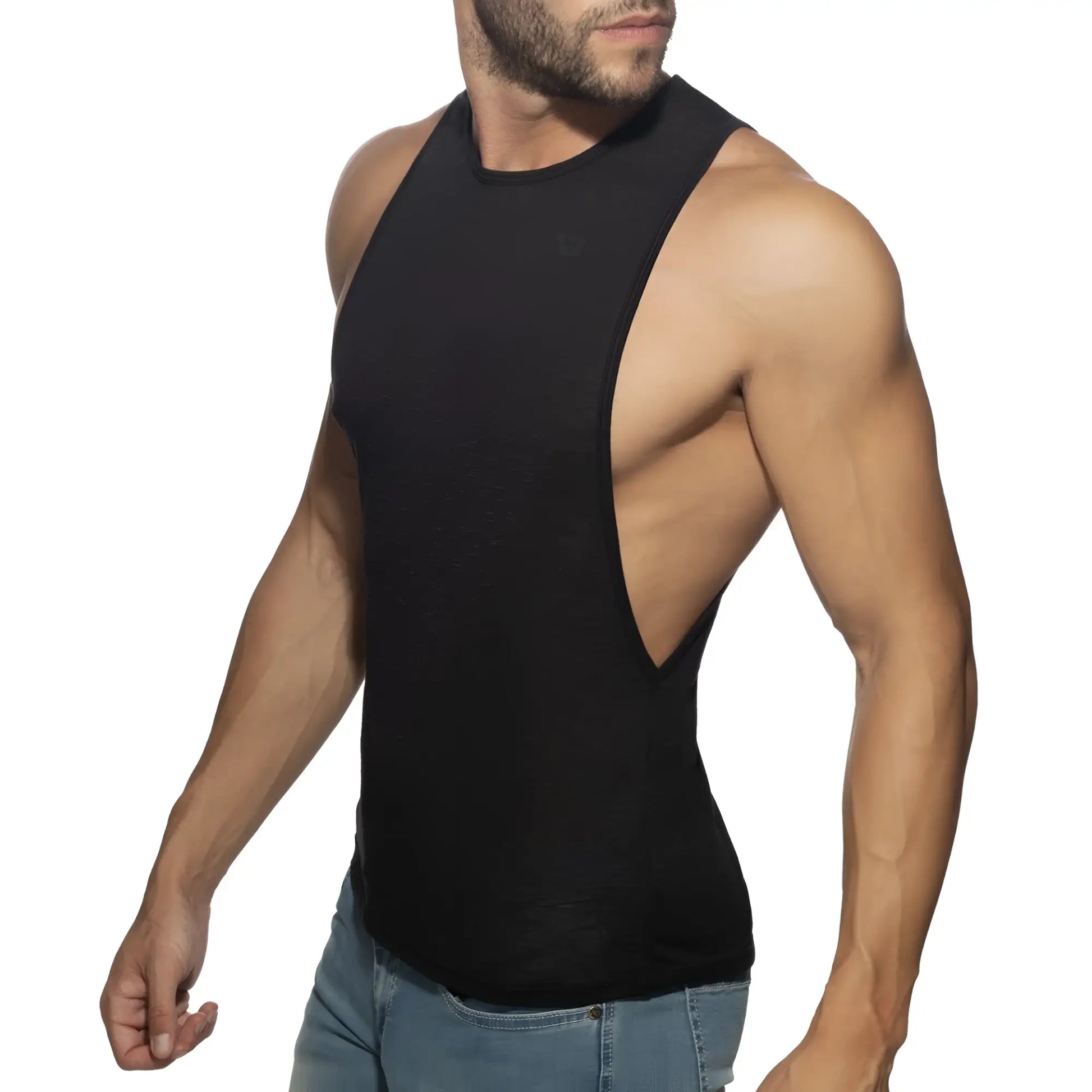 Black sleeveless athletic tank top thin flame low rider with cutout back design for activewear use