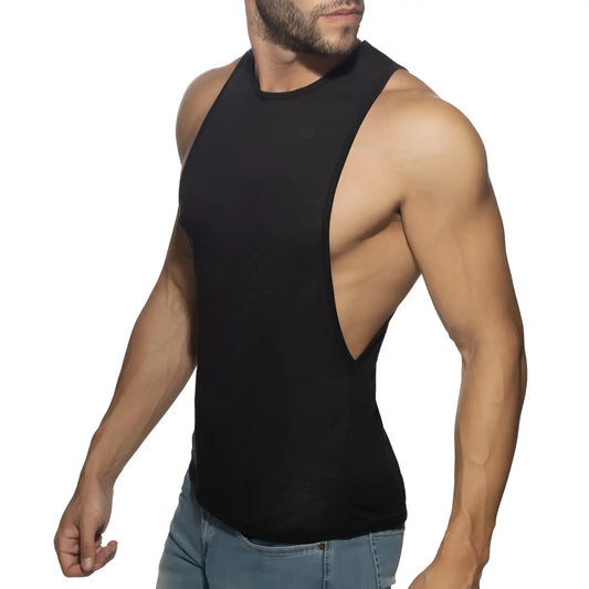 Black sleeveless athletic tank top thin flame low rider with cutout back design for activewear use