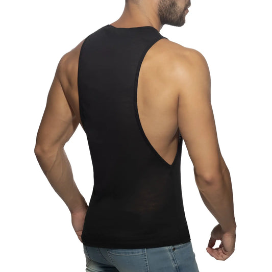 Black sleeveless tank top thin flame low rider with a cutout back design for stylish casual wear