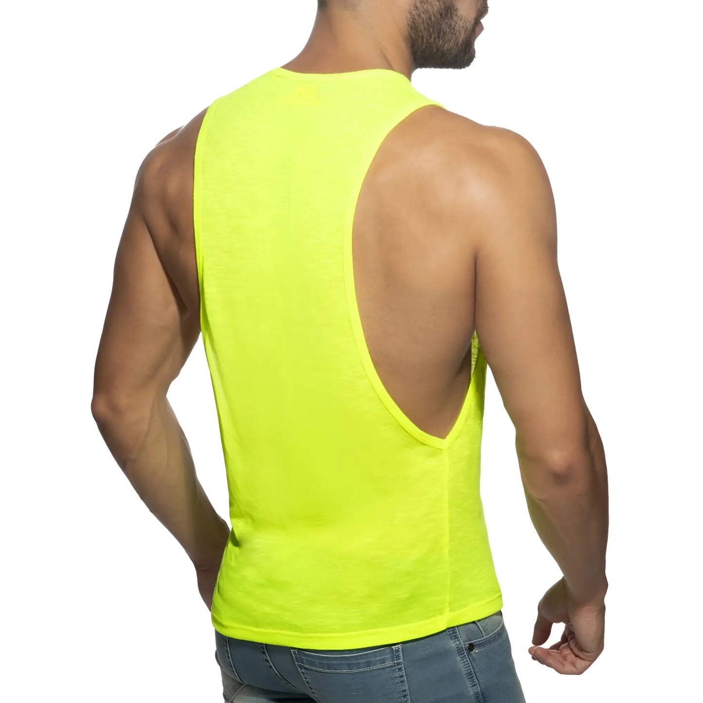 Bright neon yellow sleeveless tank top thin flame low rider with a deep back cutout shown from the back side