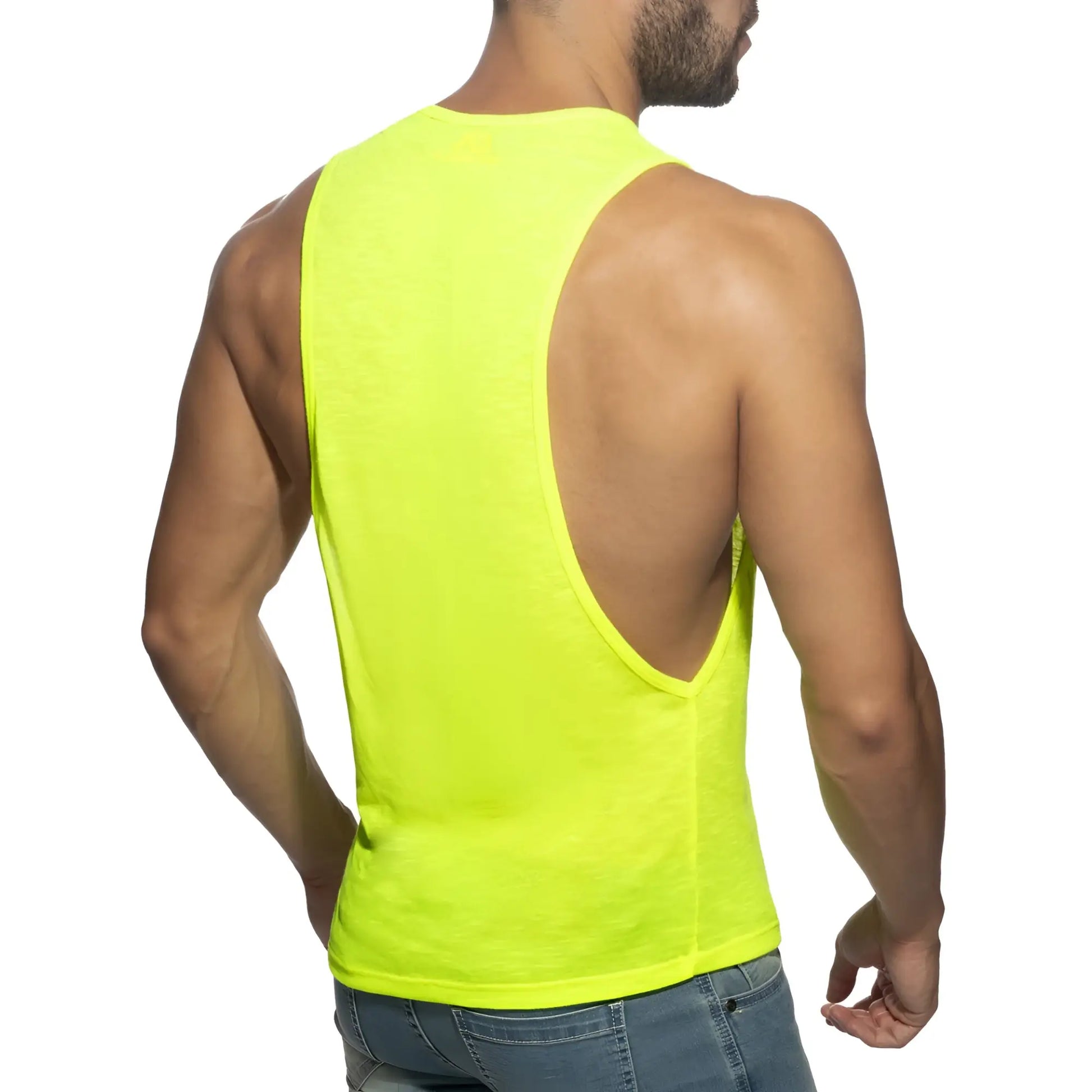 Bright neon yellow sleeveless tank top thin flame low rider with a deep back cutout shown from the back side