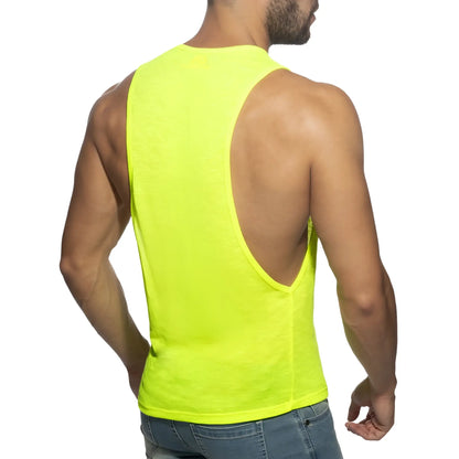 Bright neon yellow sleeveless tank top thin flame low rider with a deep back cutout shown from the back side