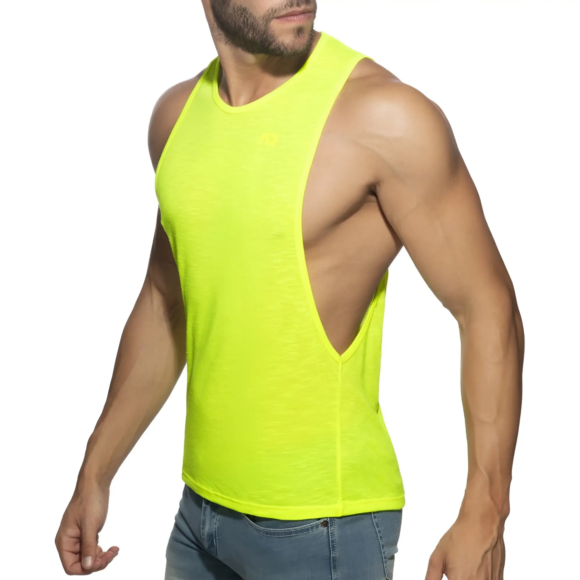 Bright neon yellow thin flame low rider sleeveless tank top with distinctive back cutout for active wear