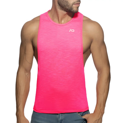 Bright pink thin flame low rider athletic tank top with subtle heathered texture and small white chest logo
