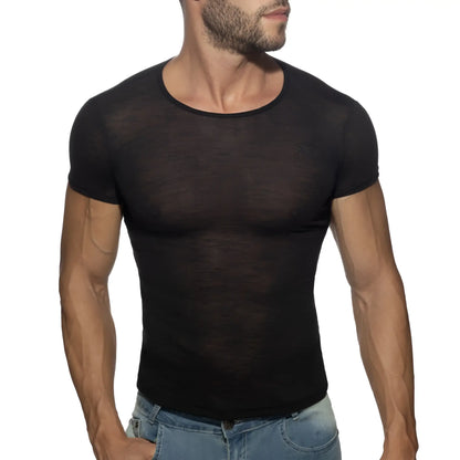 Black sheer mesh thin flame t-shirt with short sleeves and round neckline for lightweight breathable wear