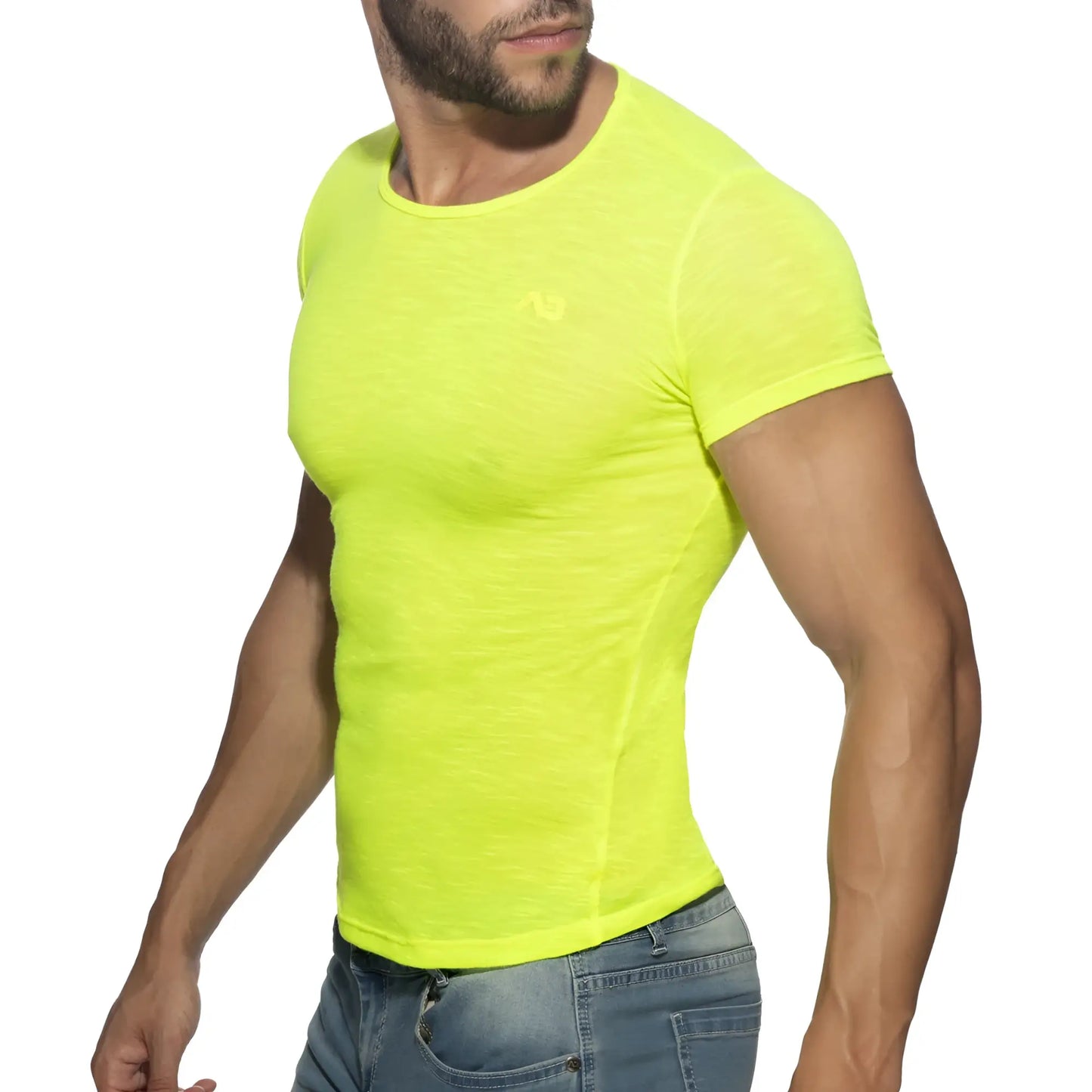 Bright neon yellow thin flame t-shirt with a fitted cut and subtle brand logo on the chest