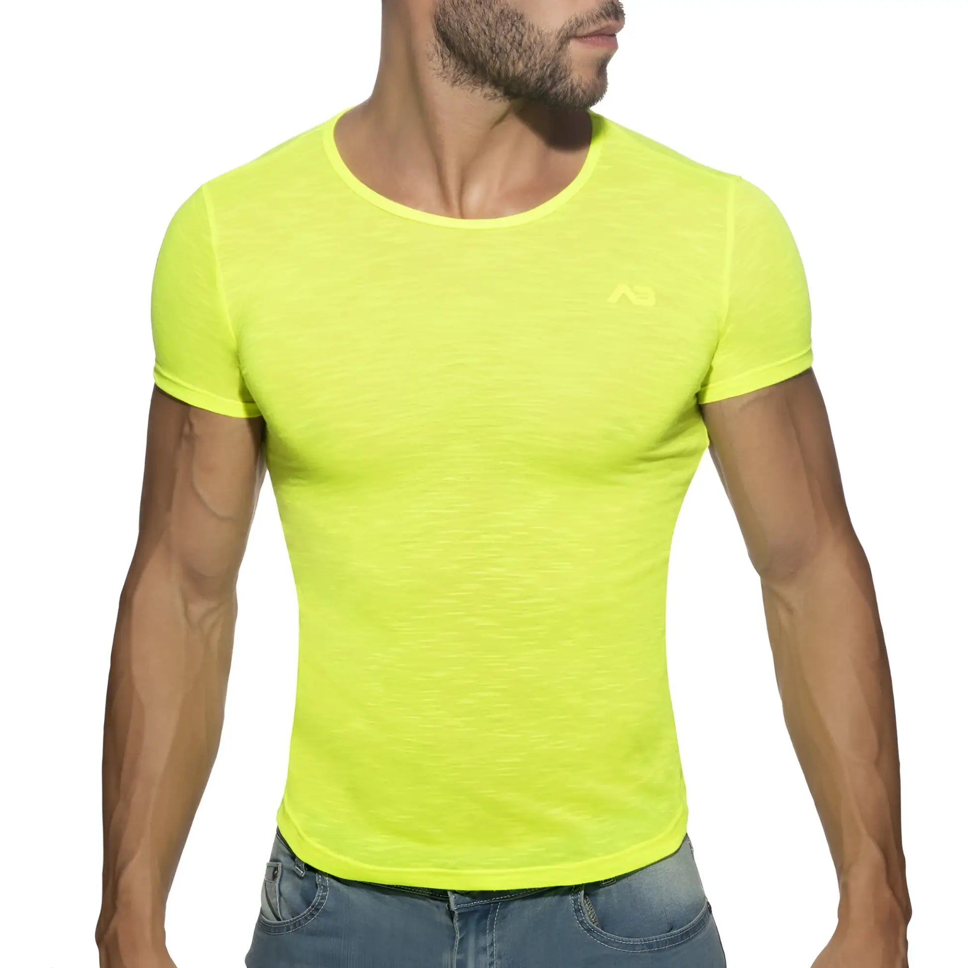 Bright neon yellow thin flame t-shirt with short sleeves subtle textured fabric and small chest logo