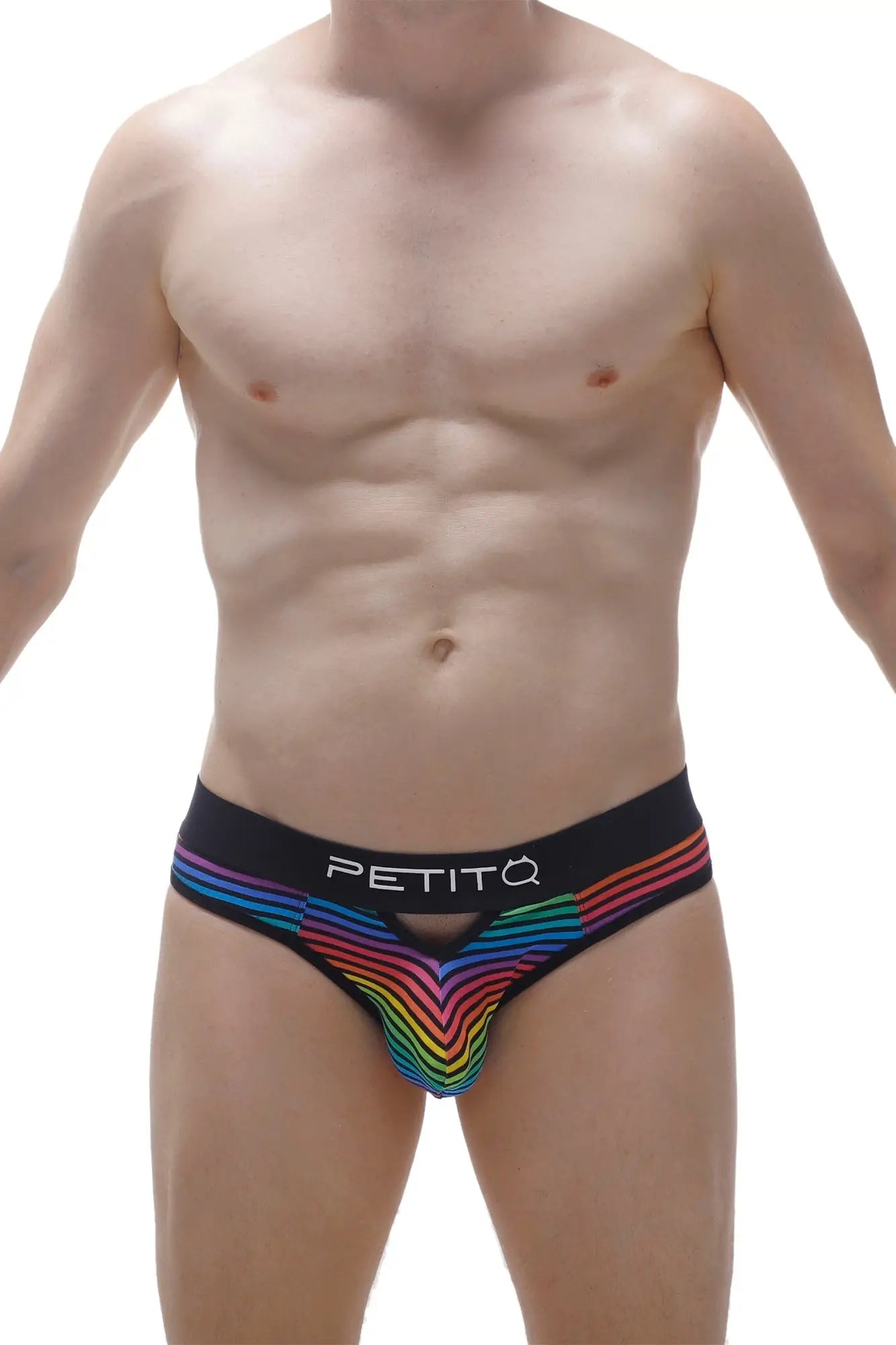 Black men’s briefs thong alouis monti with vibrant rainbow-striped pattern and petitq white waistband logo