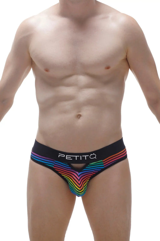 Black men’s briefs thong alouis monti with vibrant rainbow-striped pattern and petitq white waistband logo