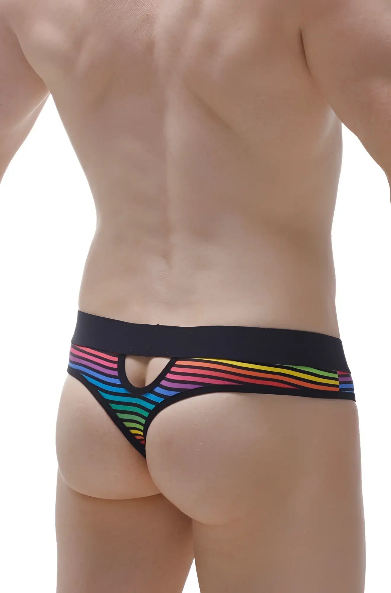 Thong Alouis Monti in rainbow-striped fabric with black waistband and cutout detail showing the back side