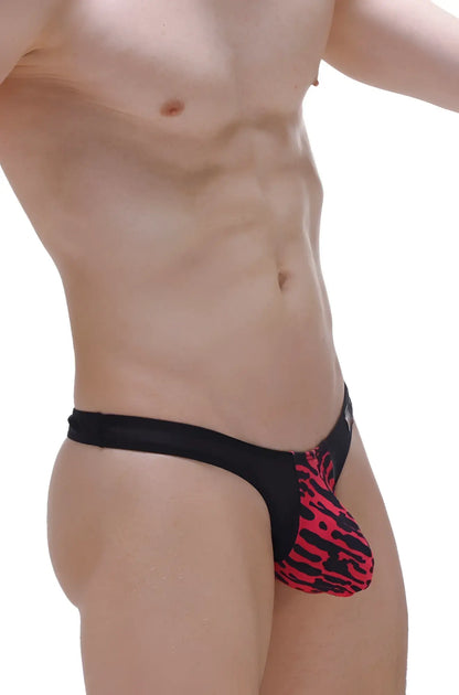 Black and red tiger-print thong with sheer mesh waistband for a bold and stylish lingerie look