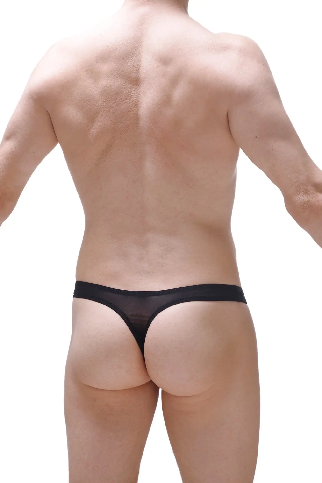 Black sheer mesh thong andlau ascan showing the back side with delicate breathable fabric and minimal coverage