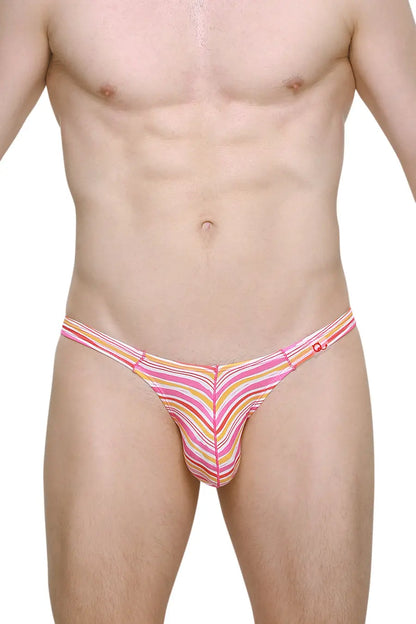 Men's thong in sunset stripes featuring vibrant pink orange and yellow colors made by PetitQ showcasing a snug fit.