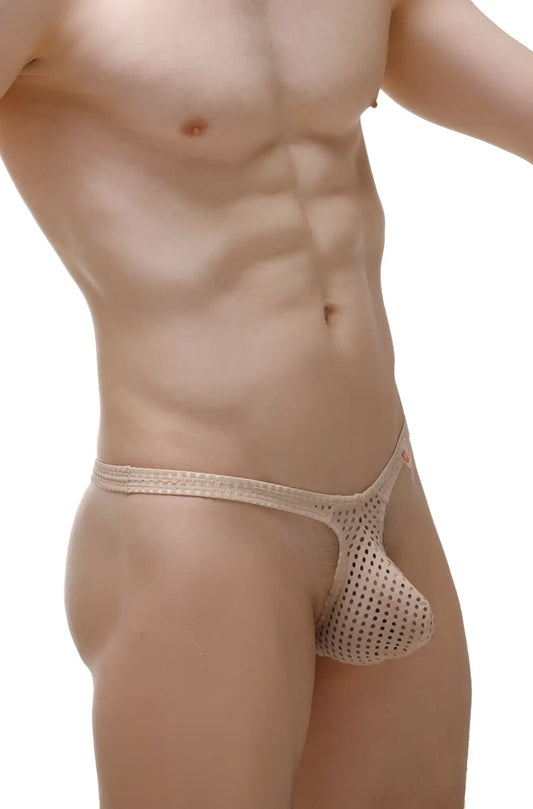 Beige perforated mesh thong argis durtol nude with a supportive contoured design shown from the back side
