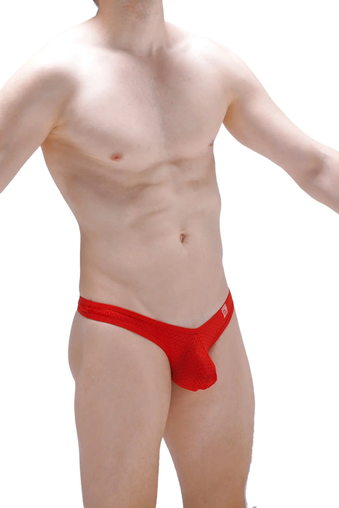 Red lace men’s thong with a small logo on the side in vibrant red from thong auzas bee red collection