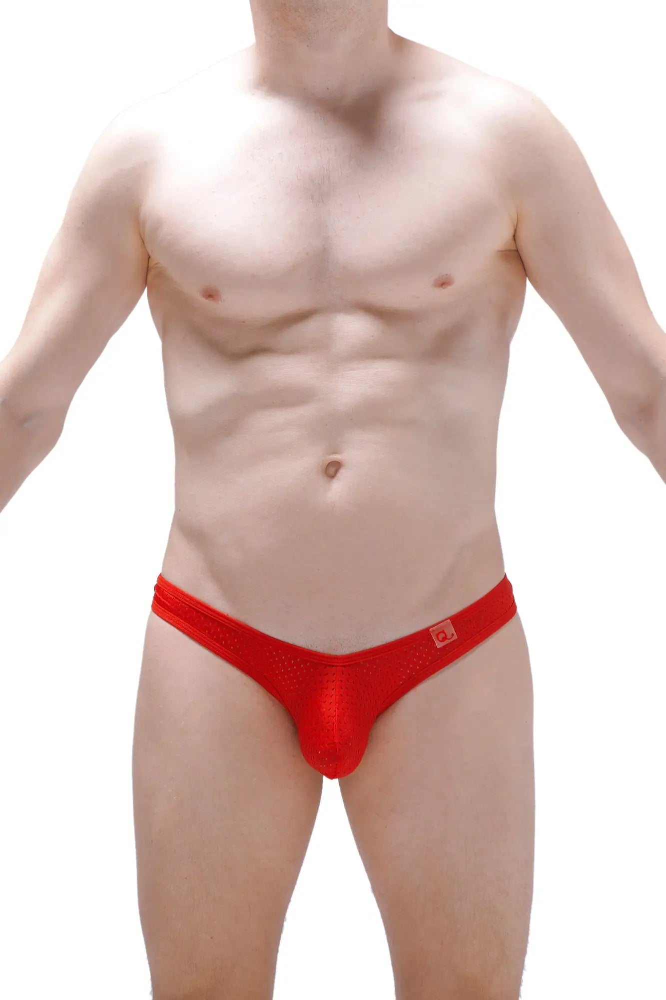 Red lace-trimmed men’s briefs thong auzas bee red with subtle textured pattern and small logo on waistband