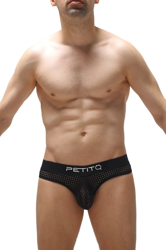 Black mesh thong auzis durtol with perforated design and petitq logo on waistband