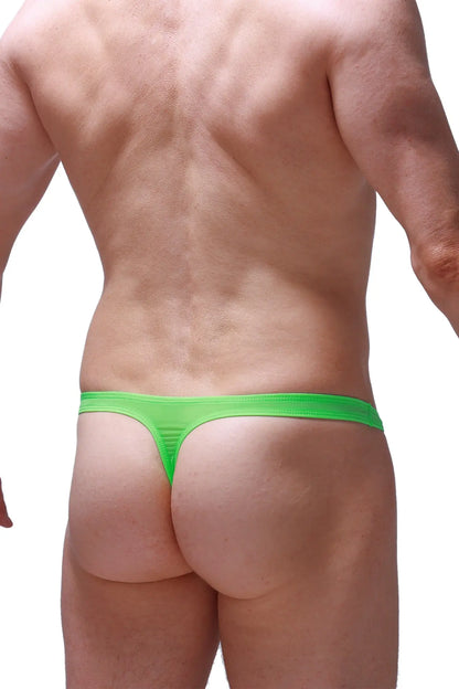 Bright neon green thong balian made of stretchy fabric with a simple sleek design shown from the back side