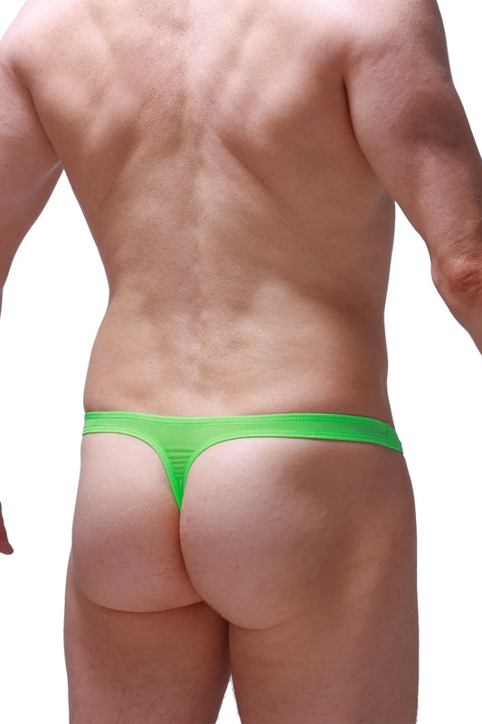 Bright neon green thong balian made of stretchy fabric with a simple sleek design shown from the back side