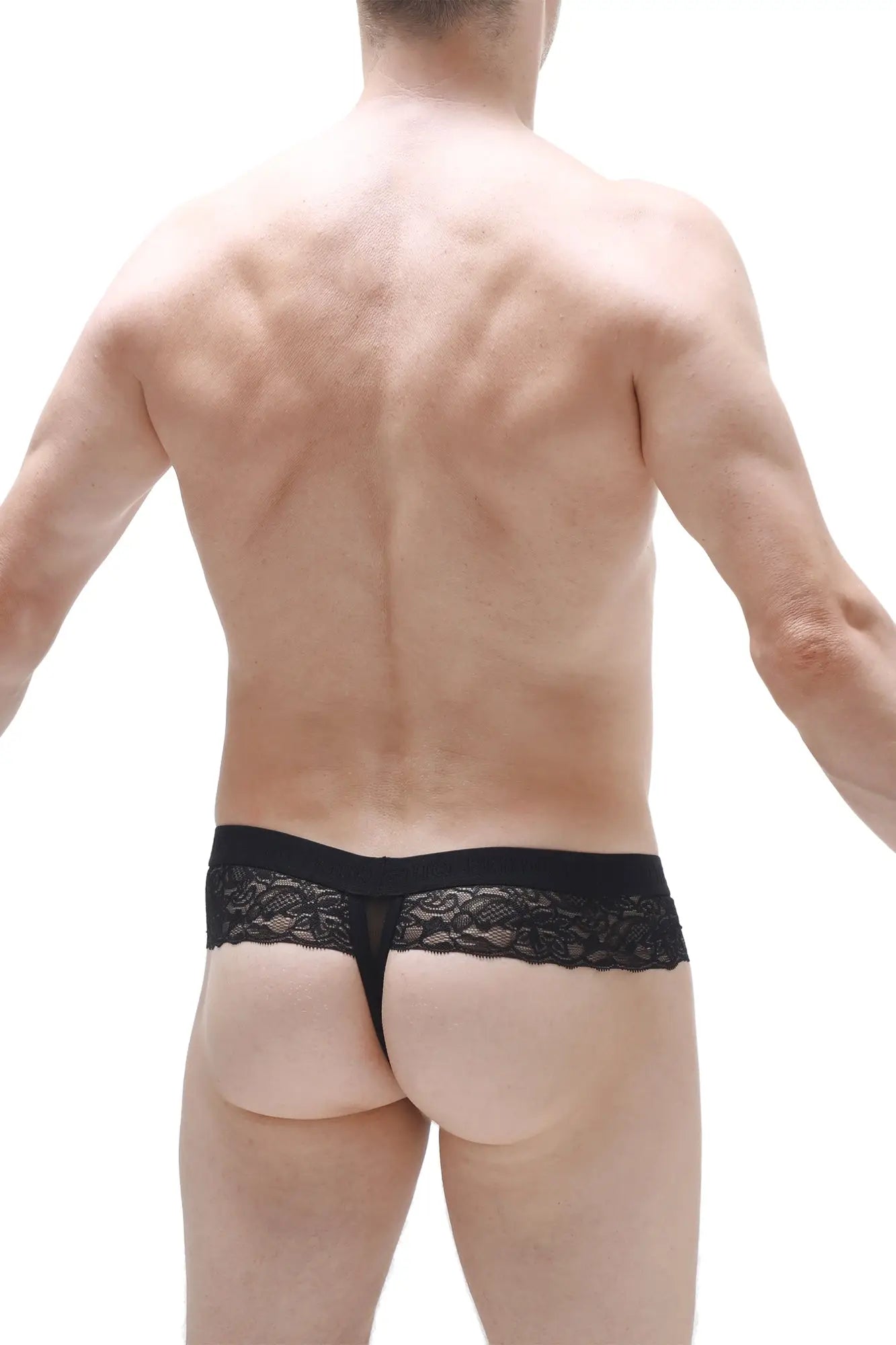 Black lace thong barboy black with delicate intricate pattern along the waistband showing the back side