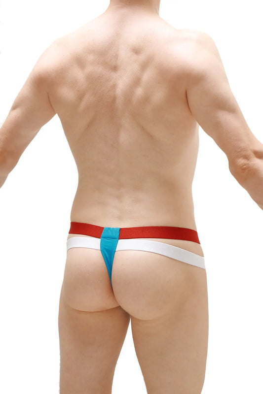 A vibrant red white and teal thong barro turquoise with a sleek modern design shown from the back side