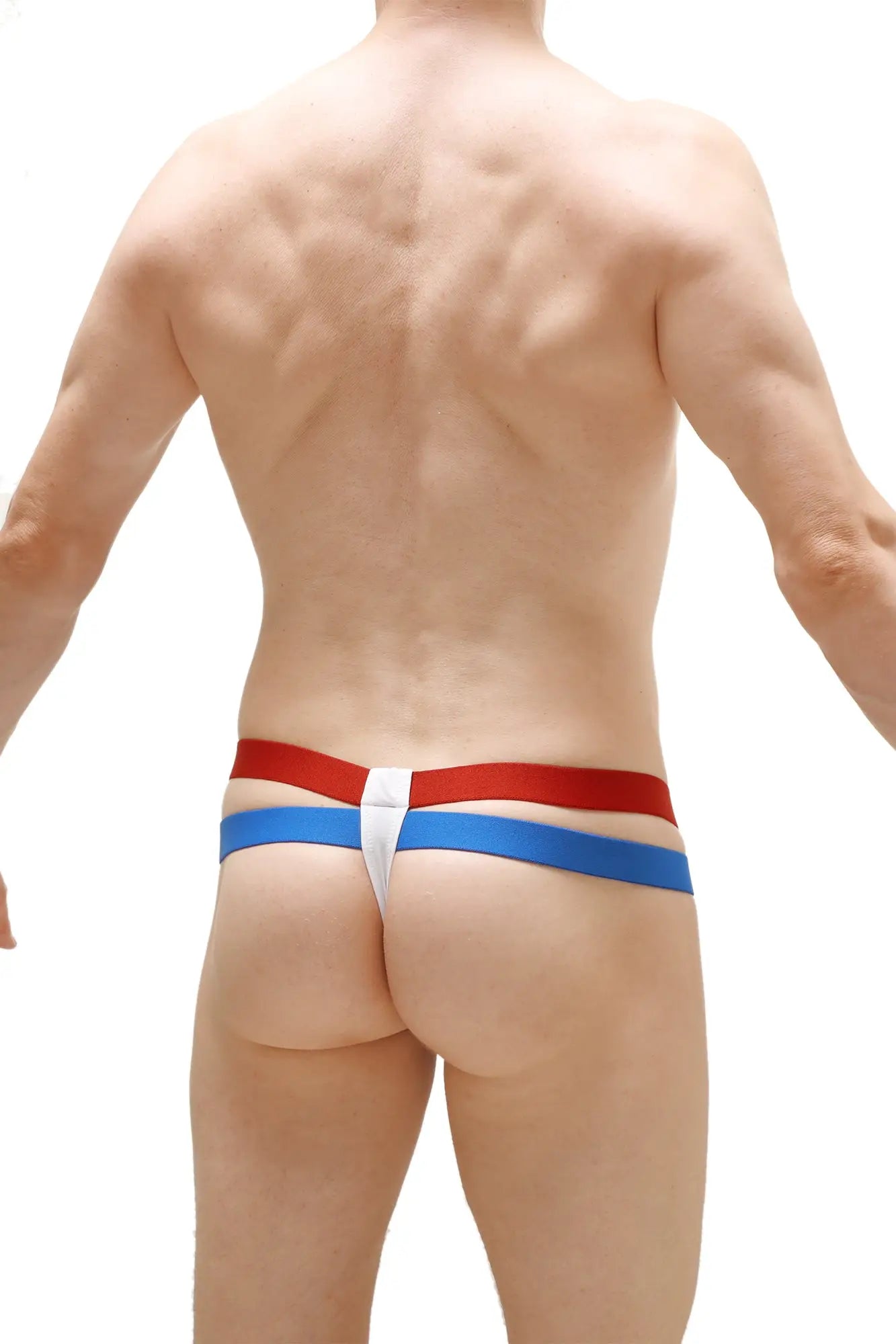 Thong Barro White striped thong with red and blue stripes and a white central panel showing the front side