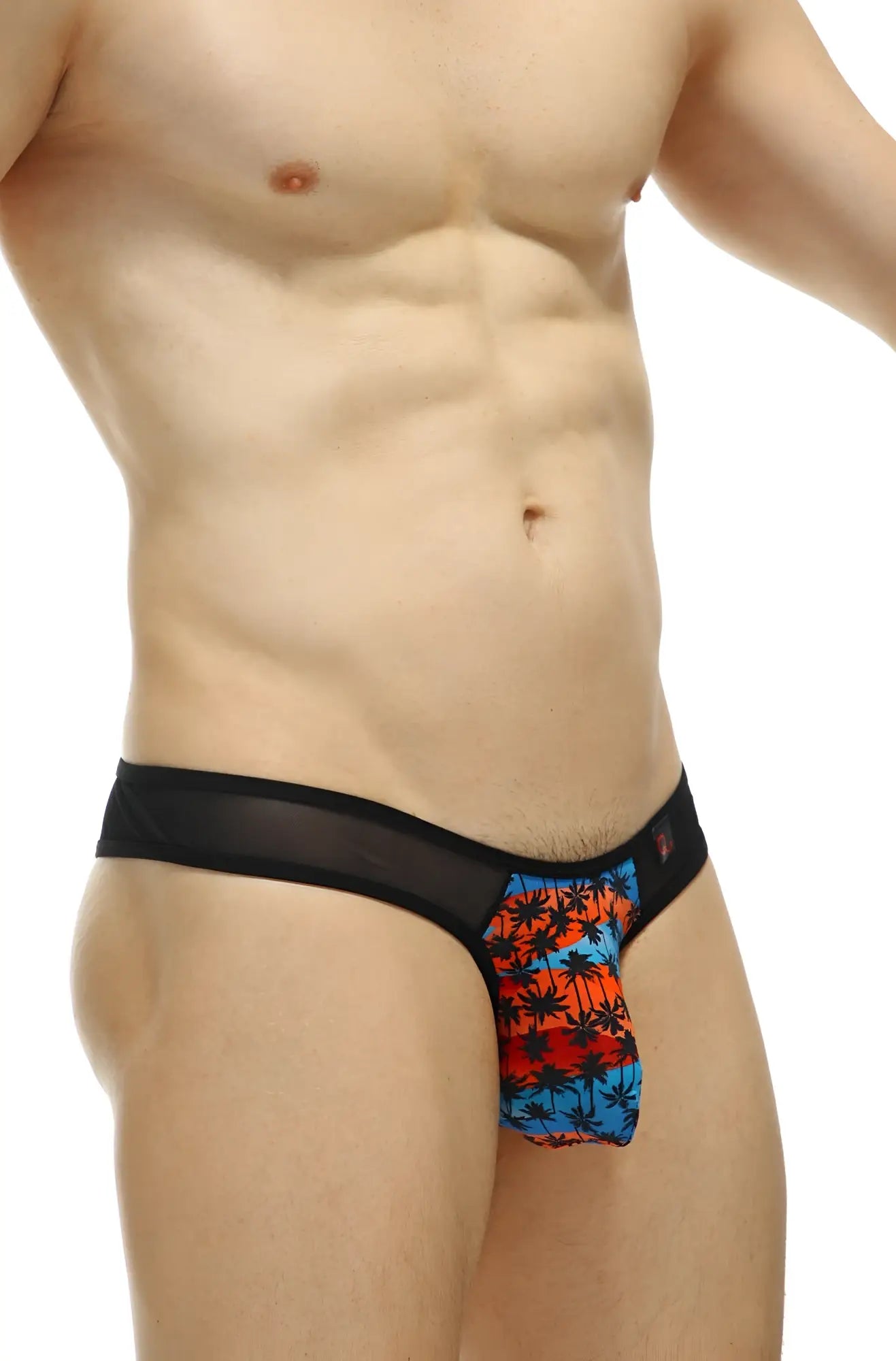 Black mesh thong bavent temae briefs with vibrant orange and blue palm tree pattern showing front side