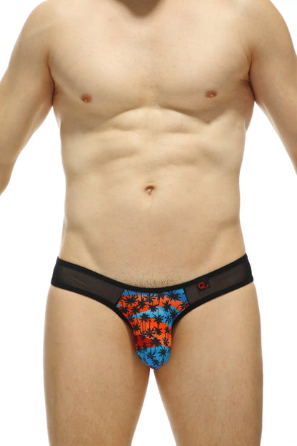 Thong bavent temae men’s briefs with vibrant orange and blue tropical palm tree pattern and black mesh waistband