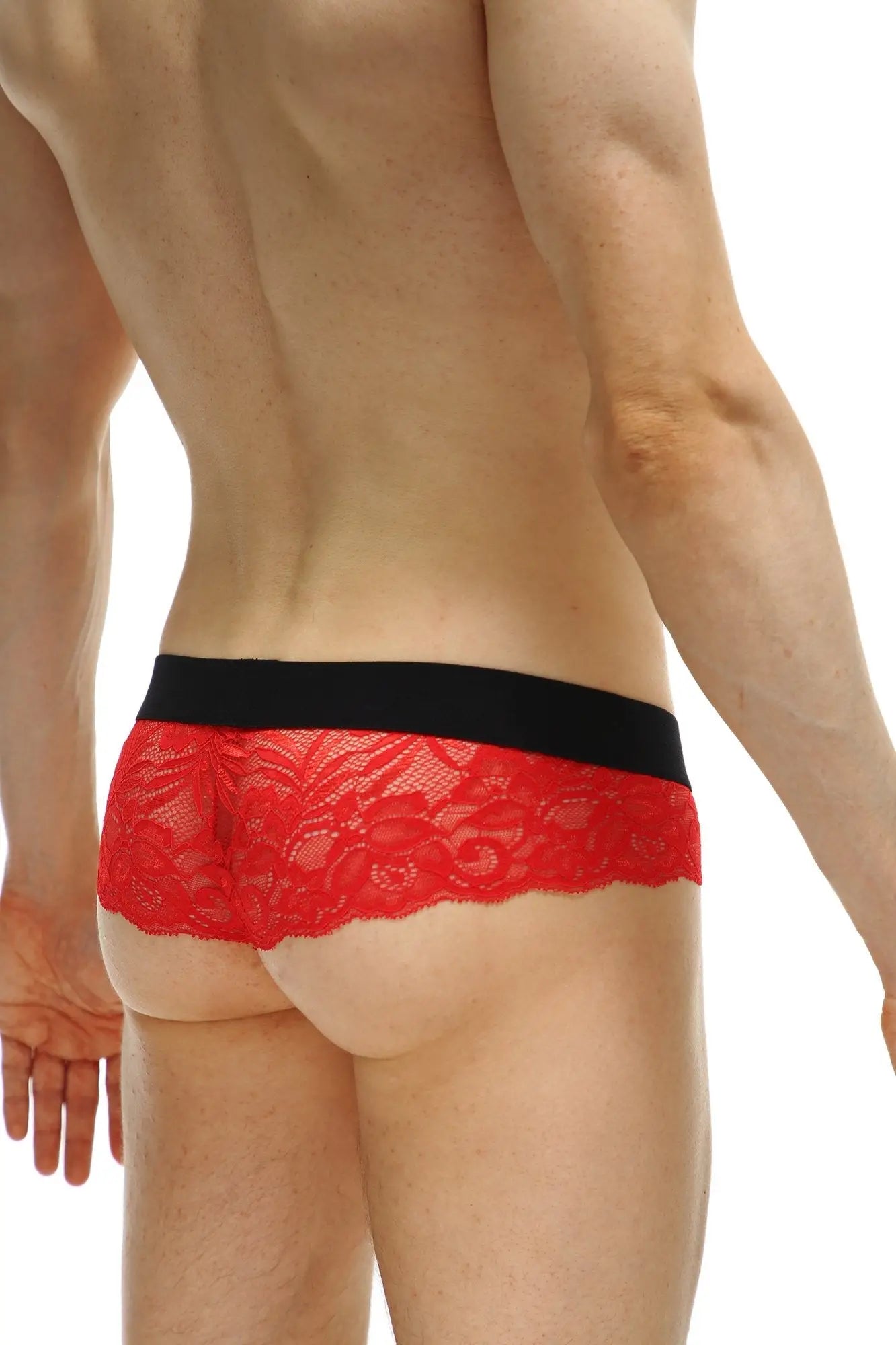 Red lace briefs with a black elastic waistband from the thong Blécourt red collection shown from the front