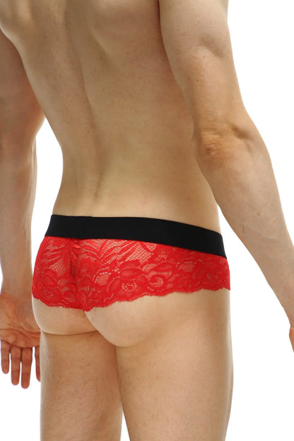 Red lace briefs with a black elastic waistband from the thong Blécourt red collection shown from the front