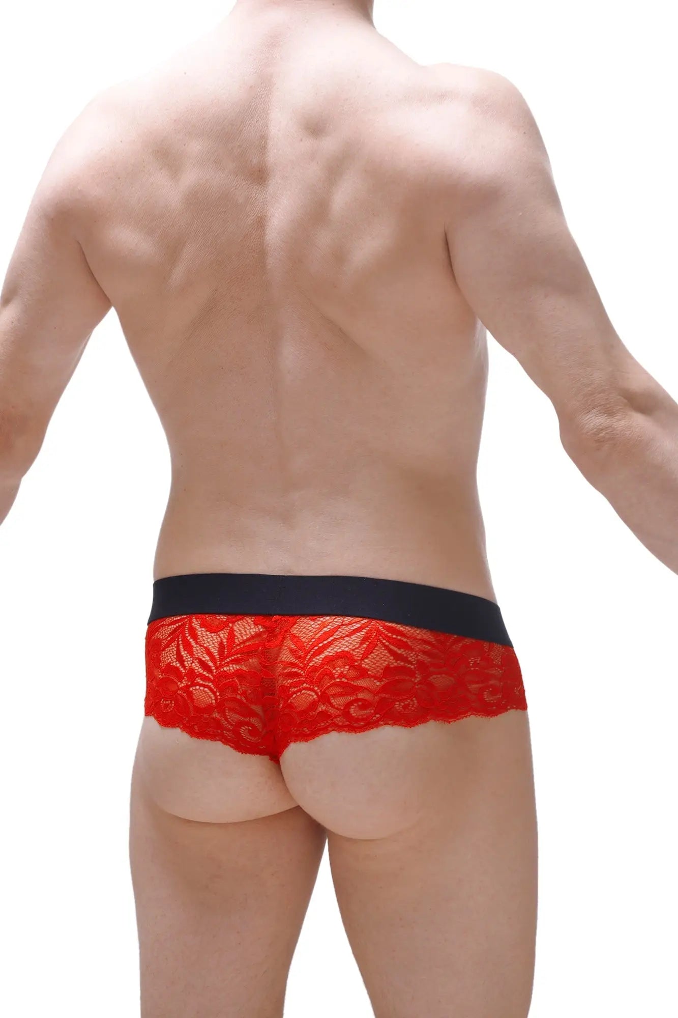 Red lace briefs with a black elastic waistband from the thong blécourt red collection front view