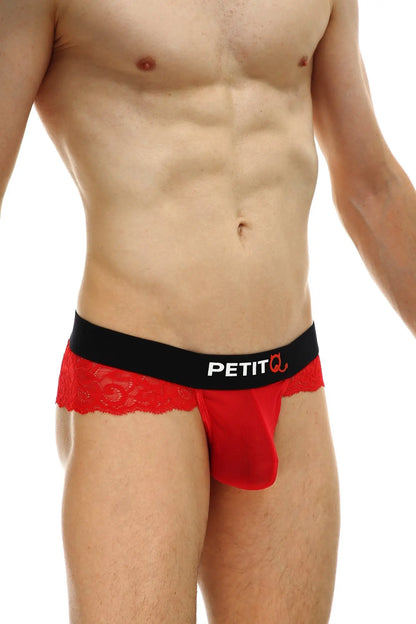 Thong Blécourt red lace-trimmed men’s underwear with black waistband featuring petitq logo in front view