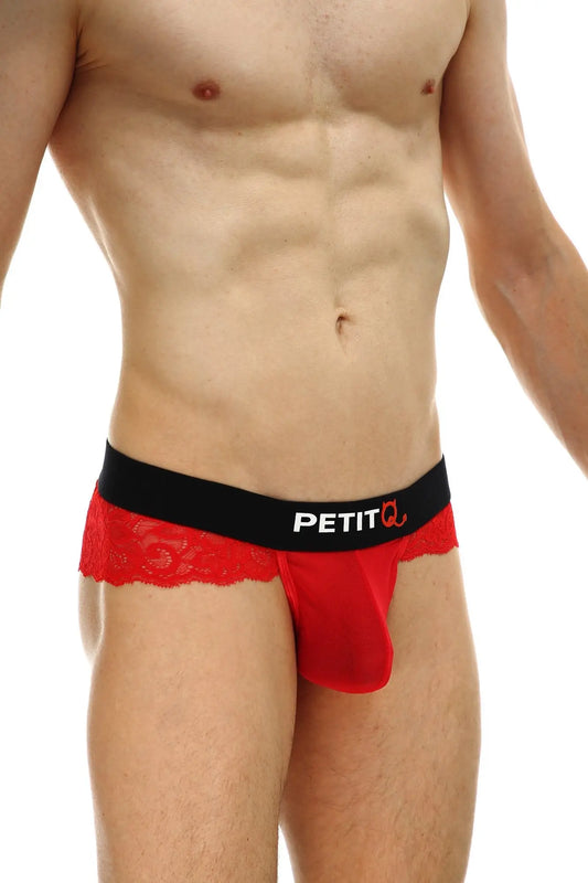 Thong Blécourt red lace-trimmed men’s underwear with black waistband featuring petitq logo in front view