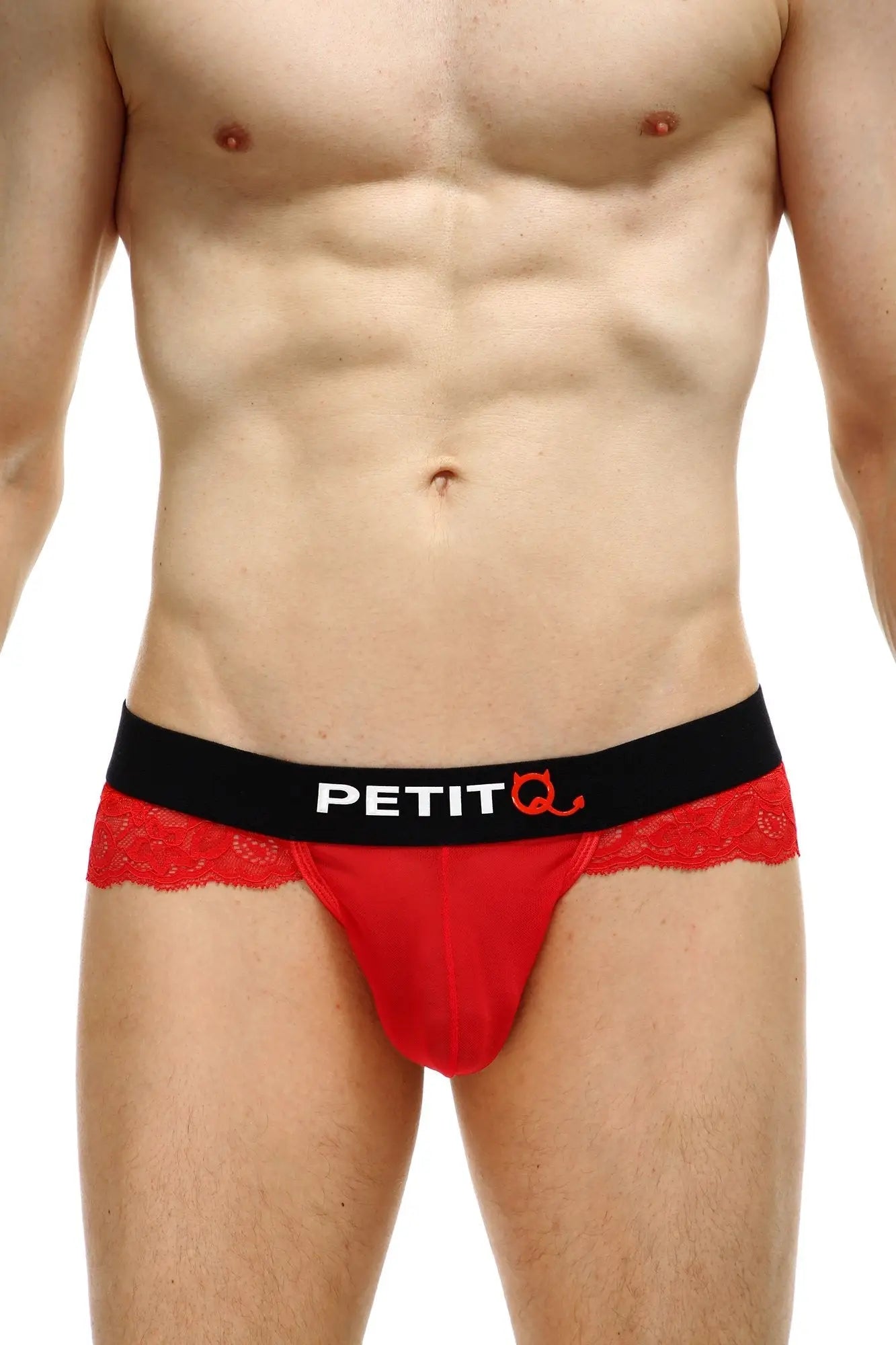 Red lace-trimmed petit q briefs with black branded waistband shown from back in thong blécourt red style