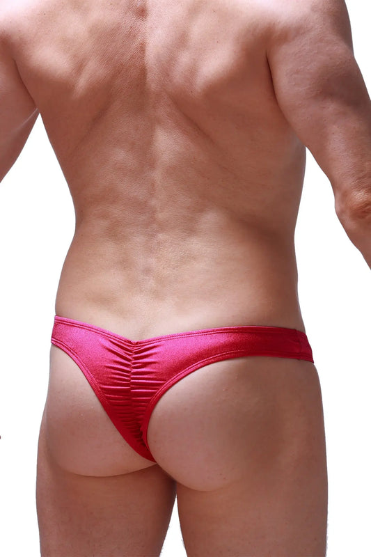 Bright red satin thong bulan joe framboise with ruched back design shown from the back side