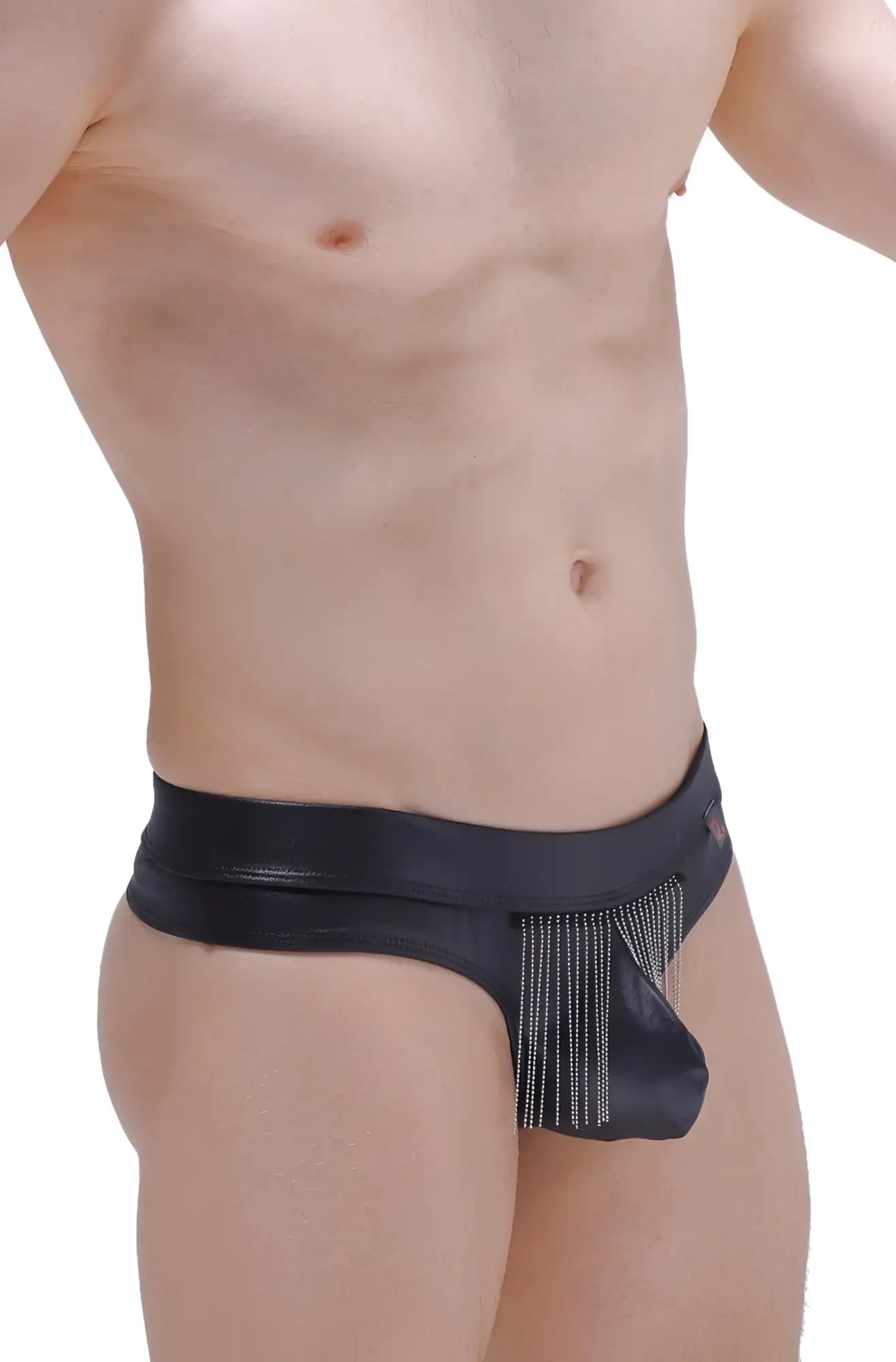Black leather-like thong cabaret petitq briefs with decorative fringe detail visible from the back side