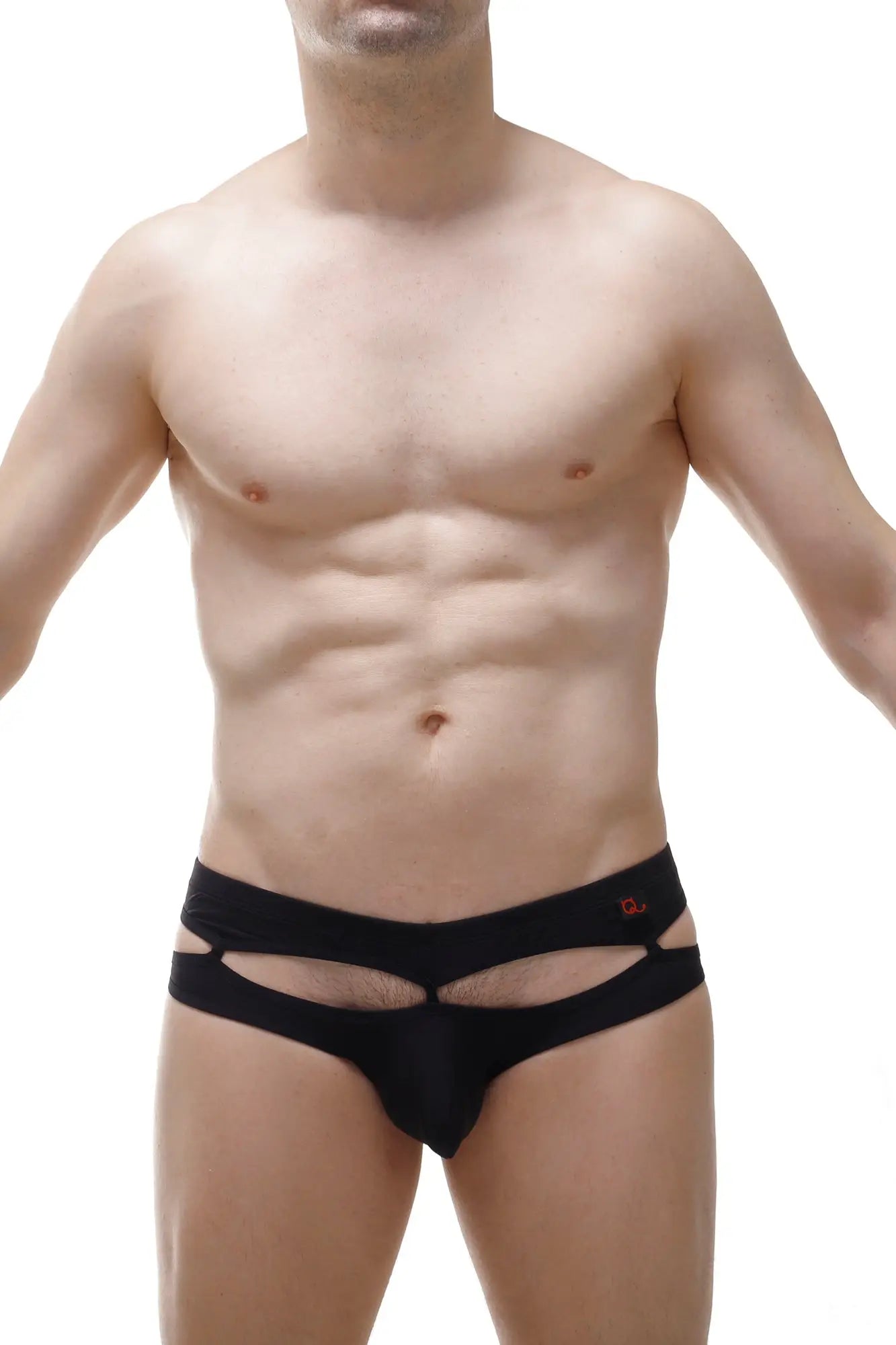 Black men’s briefs thong Carlat black with distinctive cutout design and small red logo on the waistband