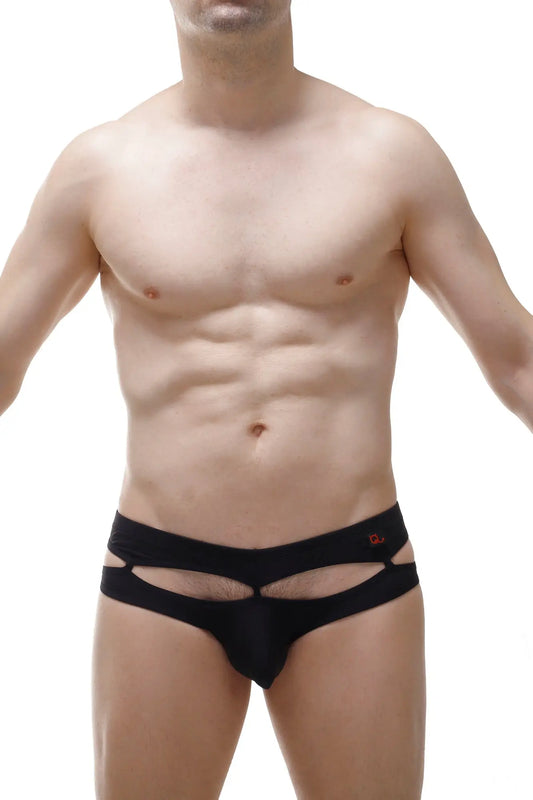Black men’s briefs thong Carlat black with distinctive cutout design and small red logo on the waistband
